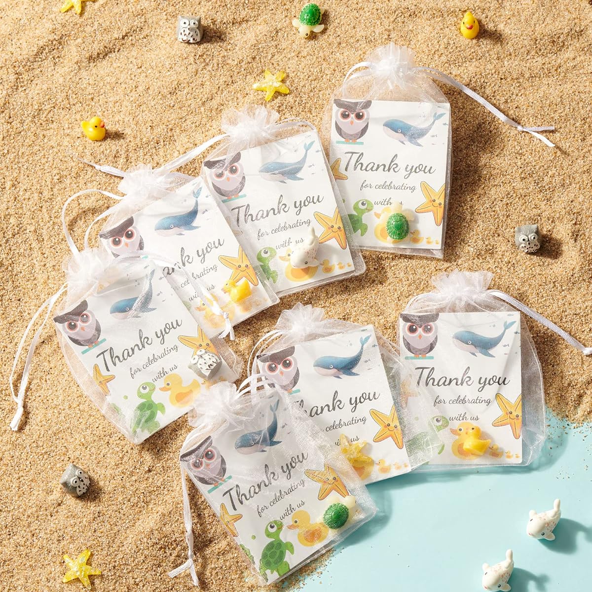 30 Sets Sea Animals Party Favors Funny Resin Duck Star Whale Turtle Owl Animals with Thank You Cards and White Organza Bags for Baby Shower Birthday Party Decorations Back to School Gifts (Style CD)