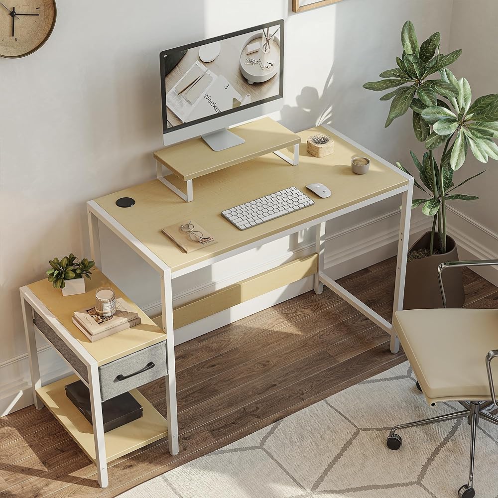 CubiCubi Desk, Movable Top Board, Adjustable Height, Comes with Rack, Comes with Drawers, Living Alone, Convenient Storage, Computer Desk, Study Desk, Width 80cm x Depth 40cm, Natural