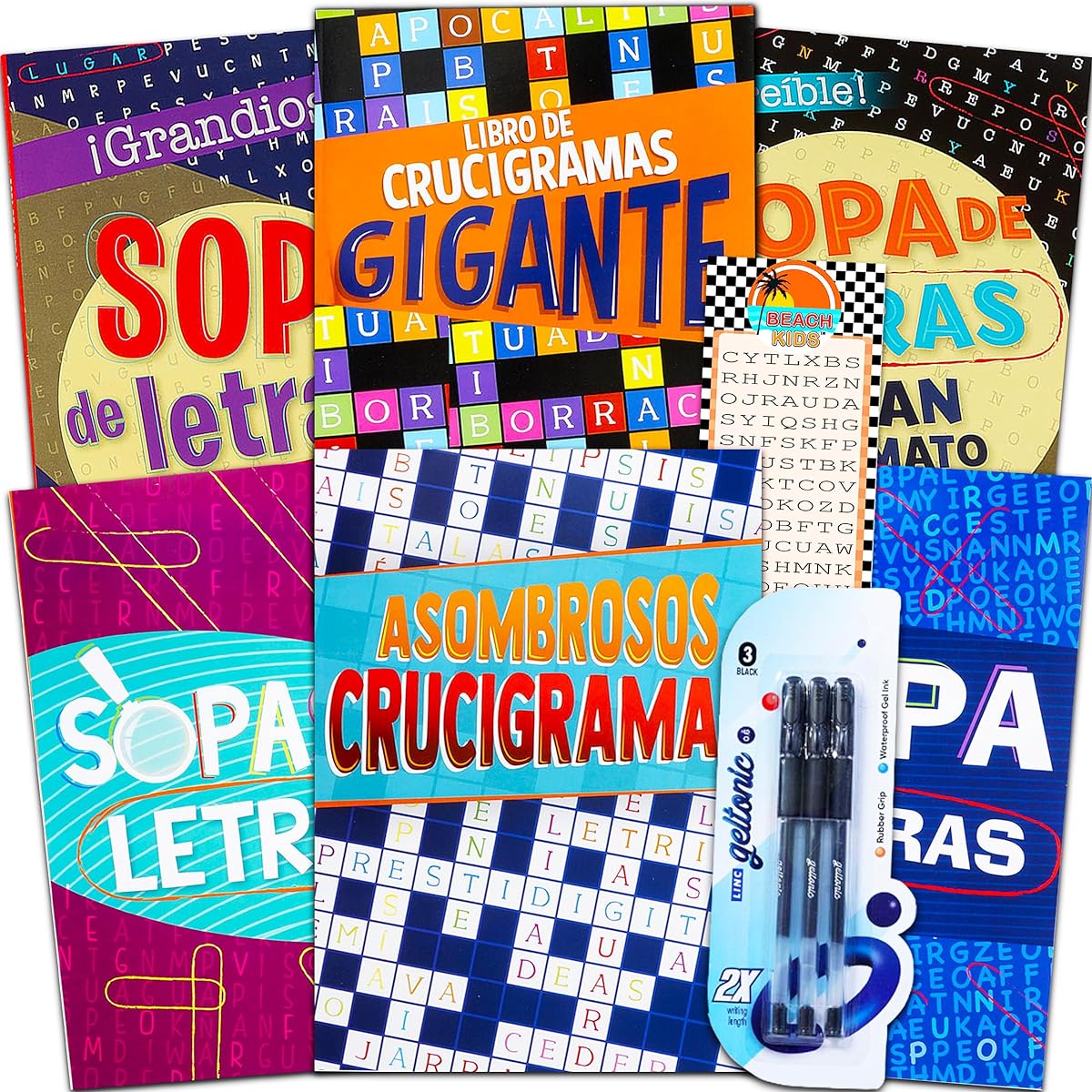 Spanish Word Search and Crossword Puzzle Books for Adults and Seniors - Set of 6 Crossword Word Search Books (390 Puzzles Total) with Reward Stickers - Libros de Crucigramas para Adultos