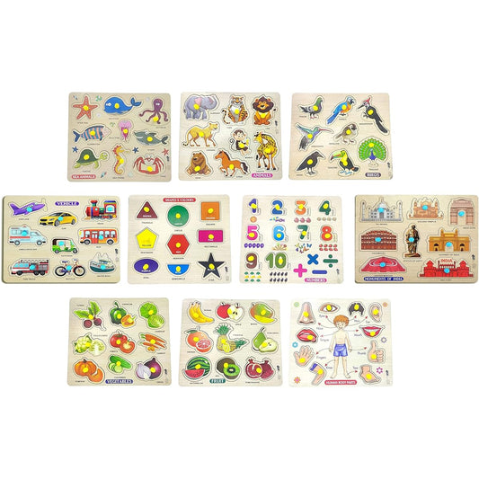 APPSTER Educational Colorful Animals Fruits Vegetables Birds Numbers Body Parts Shape Color Vehicle Monument India Sea Animal Wooden Puzzle Toy Children Learning Toy Board Game (Pack of 10)