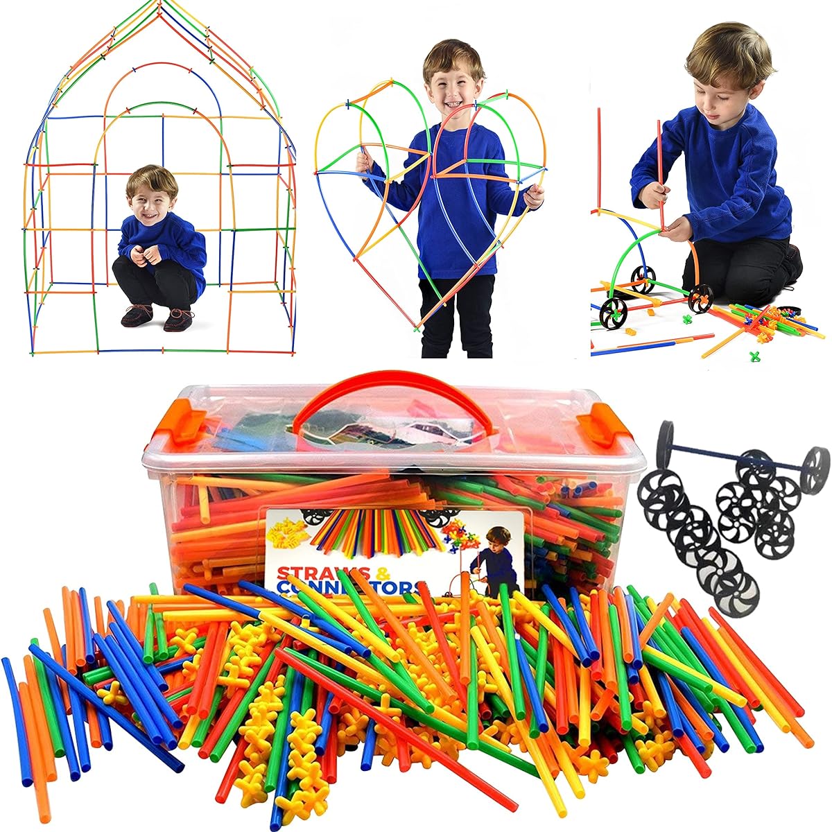 Playlearn 300 Straws Builder Construction Building Toy with Wheels and Special Color Connectors