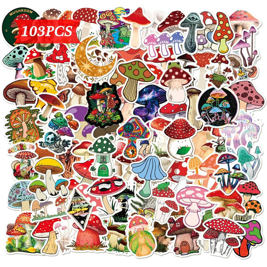 102pcs Mushroom Stickers Trendy Mushroom Aesthetic Waterproof Decoration for Laptop, Journaling, Scrapbook, Bike, Gift Bags, Kids