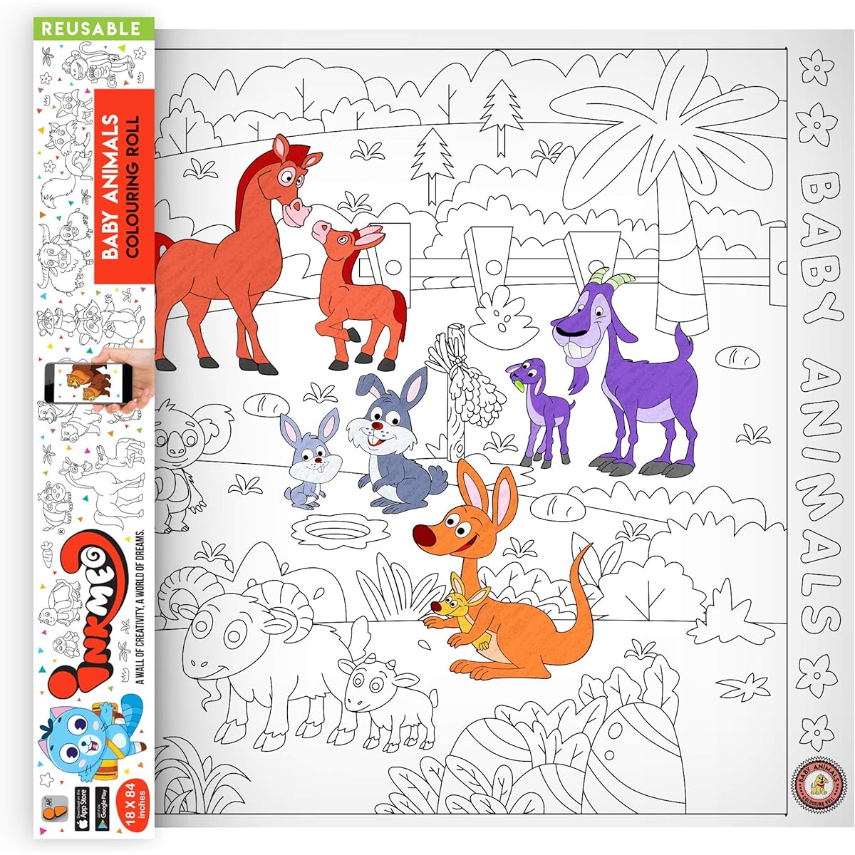 Inkmeo Baby Animals Reusable Wall Color Roll Size 12" x 84" Augmented Reality Learning Activity Roll