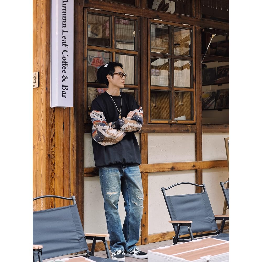 [CHANGE WELL] Men's "2023AW" American Fashion Retro Style Autumn Clothing [Sleeve Native Color] Big Silhouette Long Sleeve Pullover Sweatshirt