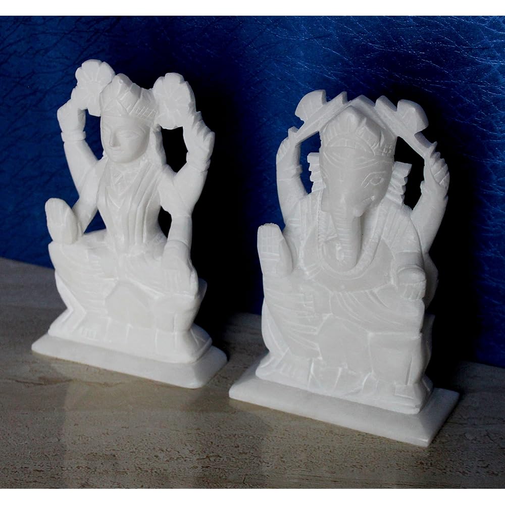 StonKraft - 7 Inch (Big Size) - Ganesha Lakshmi Idol - Handmade Indian Marble Puja Ganesha Ganpati Ganesha Lakshmi Idol Statue, Murti