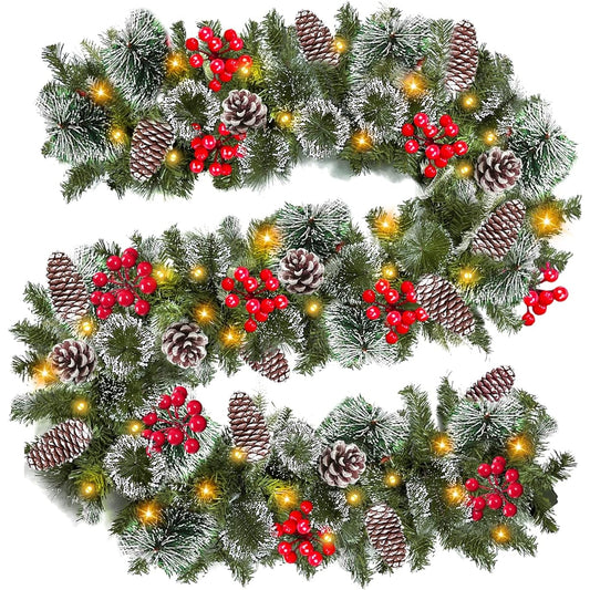 TURNMEON 9ft 100 Light Pre-Lighted Christmas Garland Decorations Timer 8 Modes 198 Red Berries Pine Cones 30 Snow Bristles Pine Cones Pine Battery Operated Christmas Decorations for Indoor Home Fireplace