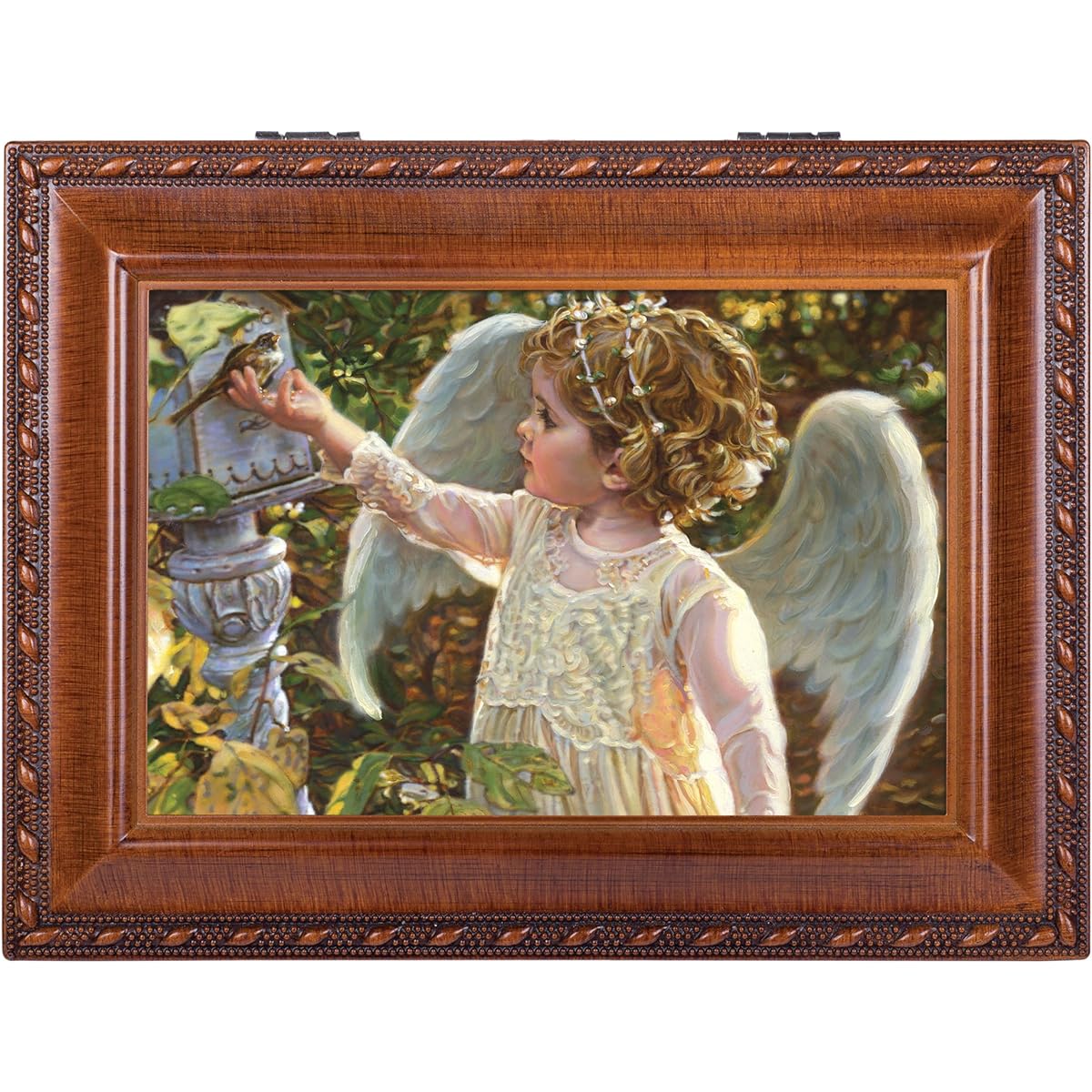 Angel in the Garden Birdhouse Wooden Finish Jewelry Music Box Plays You Light Up My Life