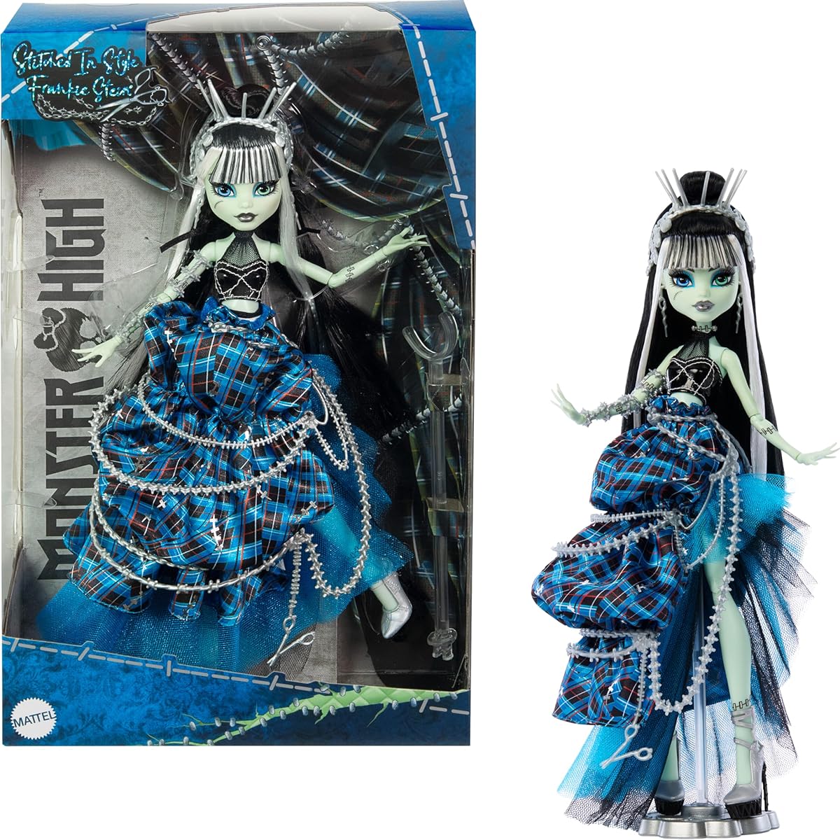 Monster High Doll Frankie Stein's Style Stitch Fashion Collector's Blue Checked Couture Gown & Sewing-Inspired Accessories ( Exclusive)