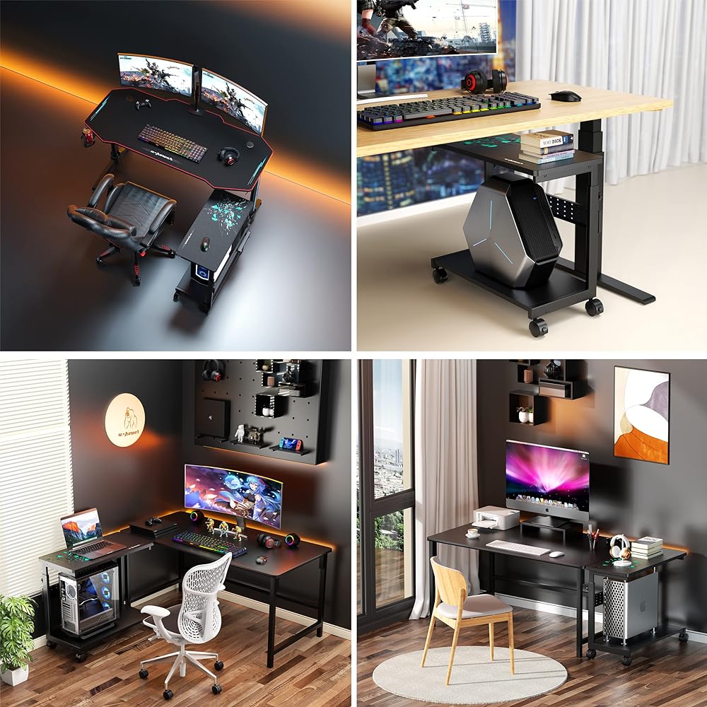 U-POWER Liftable L-shaped Desk PC Rack Computer Rack PC Wagon Height Adjustable (Width 32 x Depth 67 x Height 60-80cm) Black X-1
