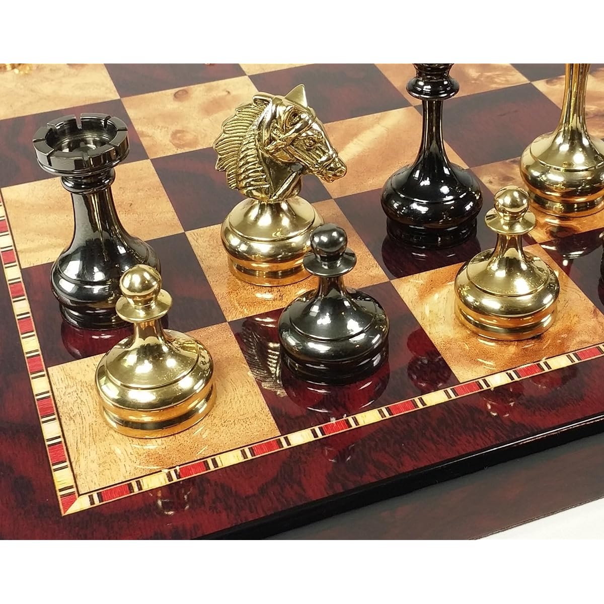Real Brass Metal Staunton Bridled Knight Chess Set Gold and Black Chrome Cherry Color Board