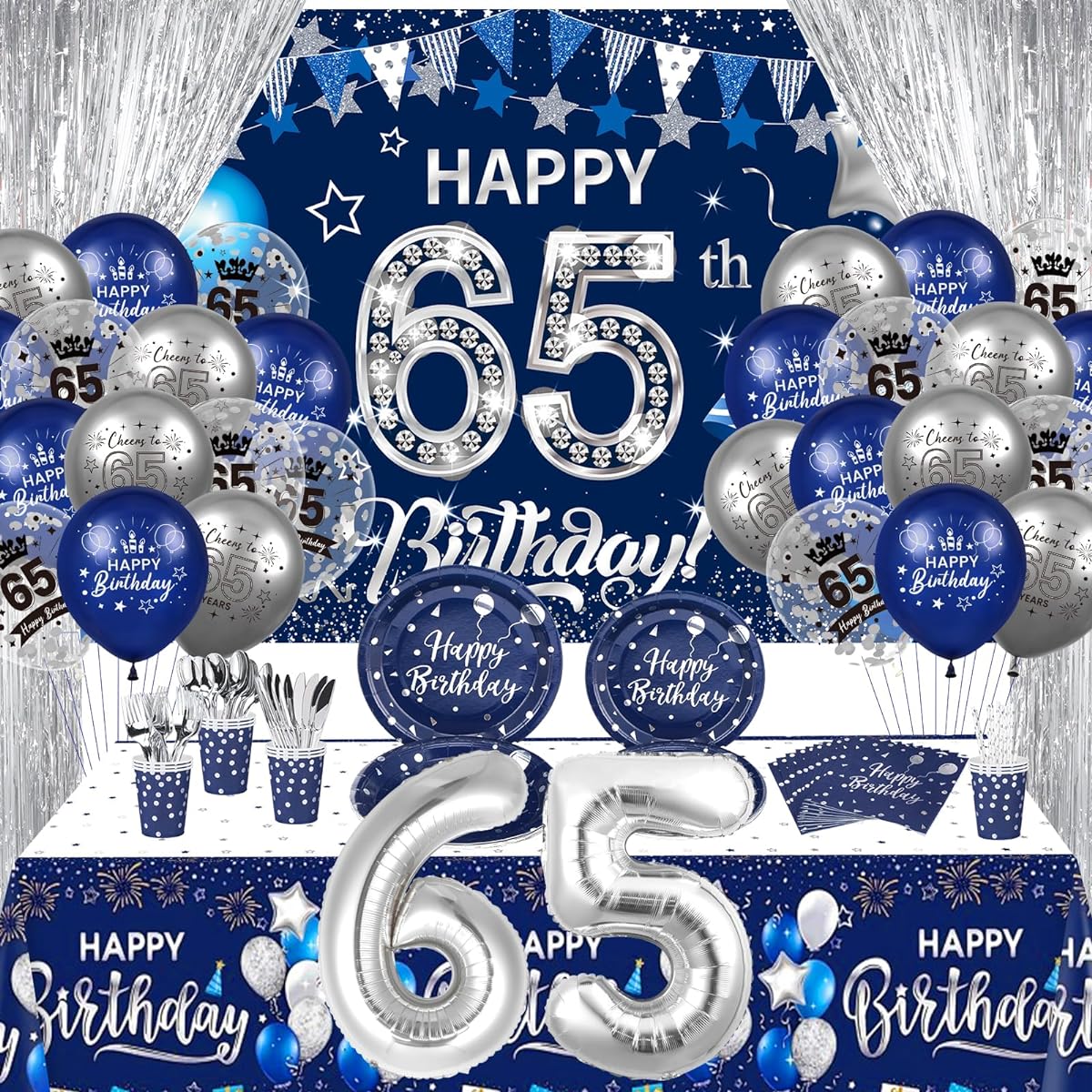 blue silver 65th birthday decoration banner