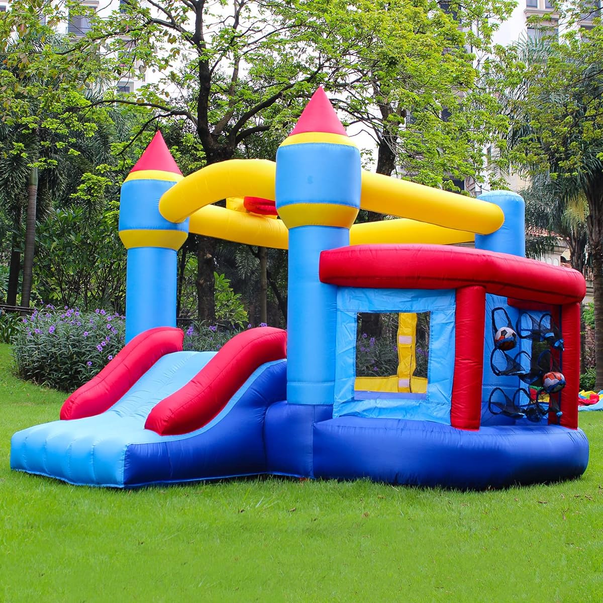 RETRO JUMP Inflatable Bounce House, Bouncy House for Kids, Outdoor Inflatable Bounce House for Kids with Jump Ball Pit & Basketball Hoop, Ocean Ball, Blower, Patch Kit, Stakes and Carry Bag