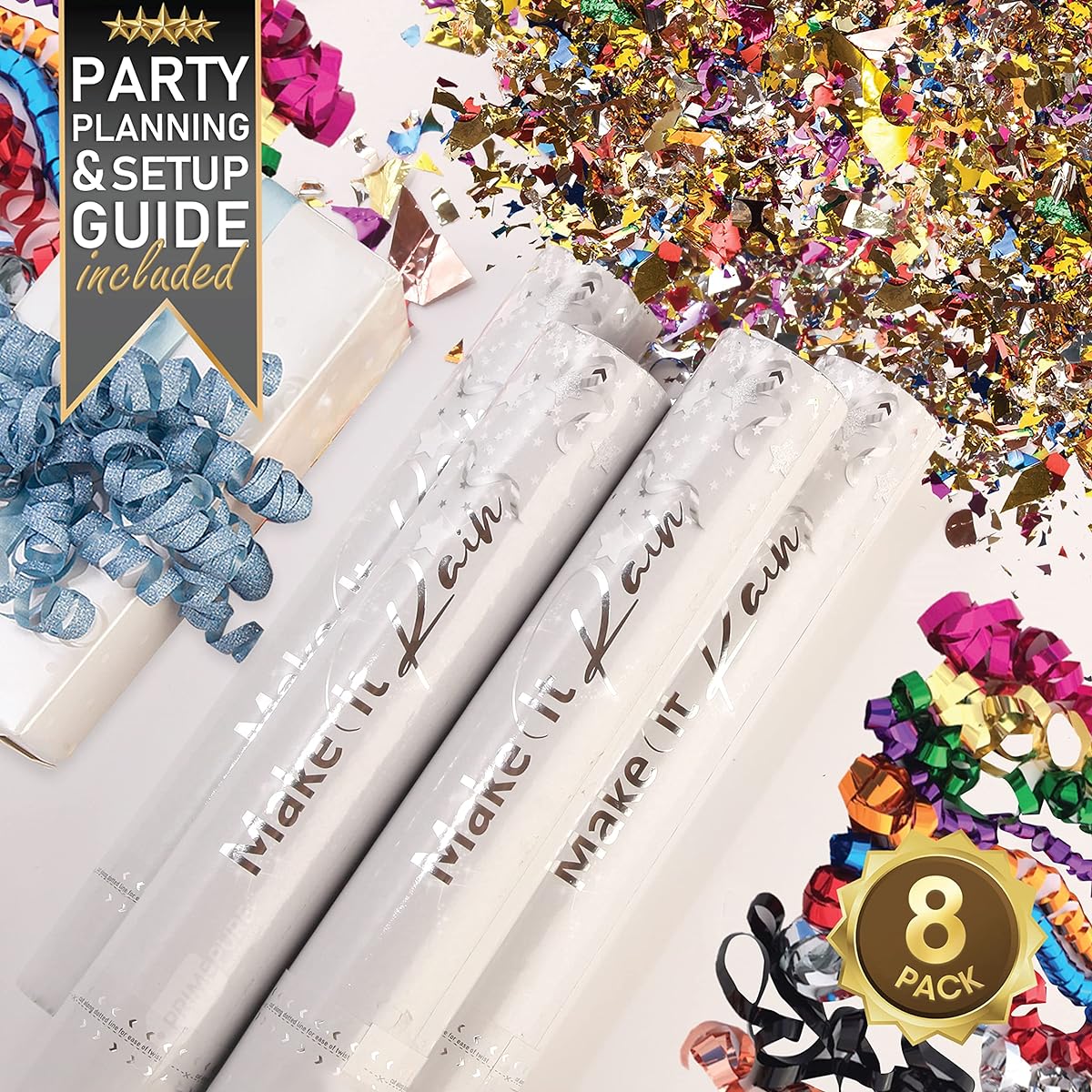 Set of 8 Multicolor Confetti Poppers | Confetti Cannon Party Poppers Confetti Shooters for Events and Birthday Celebrations | Massive Streamer Blaster Cannon Launcher | Large Glitter Plank Package Gun Tube Sticks