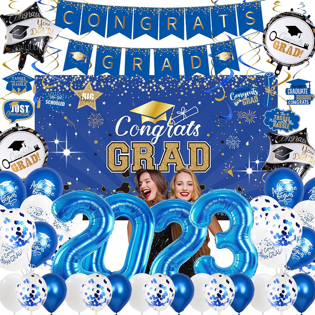 Graduation Decorations 2022, Graduation Party Supplies Includes Congratulations Graduation Backdrop, Congratulations Banner, Hanging Swirls, 2022 Number Foil Balloons, Graduation Party Decorations (Blue & Black)