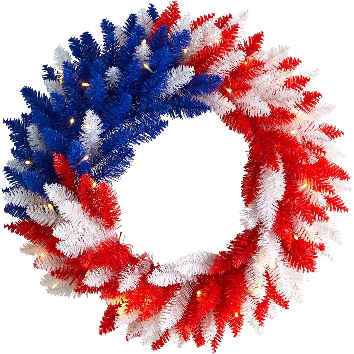 Nearly Natural 24" Faux Patriotic Red White Blue Americana Wreath with 35 Warm LED Lights