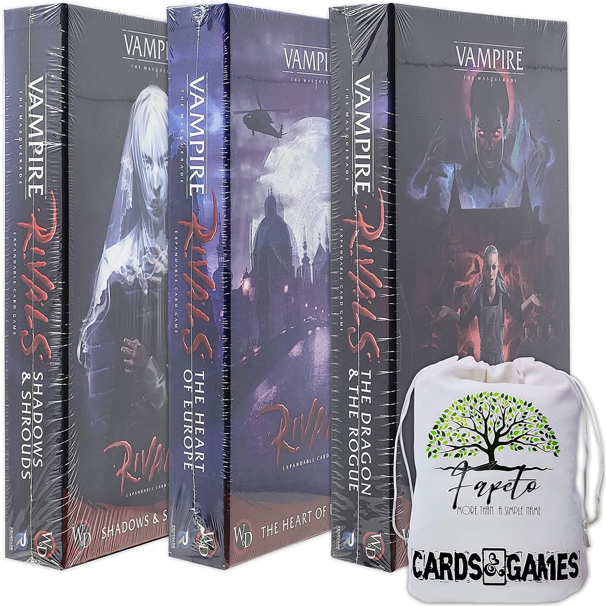 The Bloodsuckers | Vampire Rivals Adversaries| Card Game Only EXPANSIONS (Shadows & Shrouds, The Heart of Europe, The Dragon & The Rogue) with Random Color Drawstring Bag