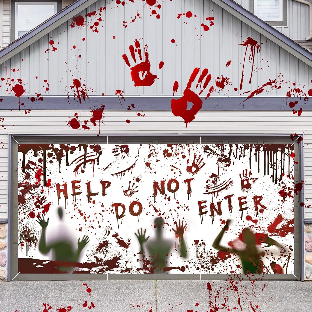 Halloween Garage Door Banner 6x13ft with Grommets, Bloody Background, Footprints, Handprints, Ghosts, Perfect for Halloween & Birthday Parties, Horror Style