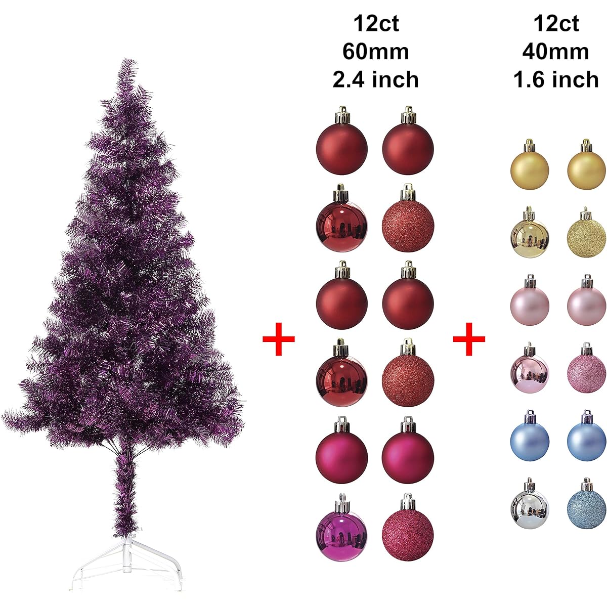 Wellwood 5' Tinsel Christmas Tree 24ct Assorted Ornament Set with Metal Stand and Easy Assembly, Purple