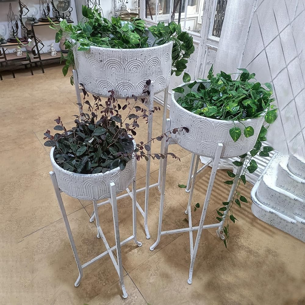 SPICE OF LIFE Pot Cover Archline Pot with Iron Stand Shabby White M Size Diameter 32cm Height 87.5cm Assembly Type YHGT5052