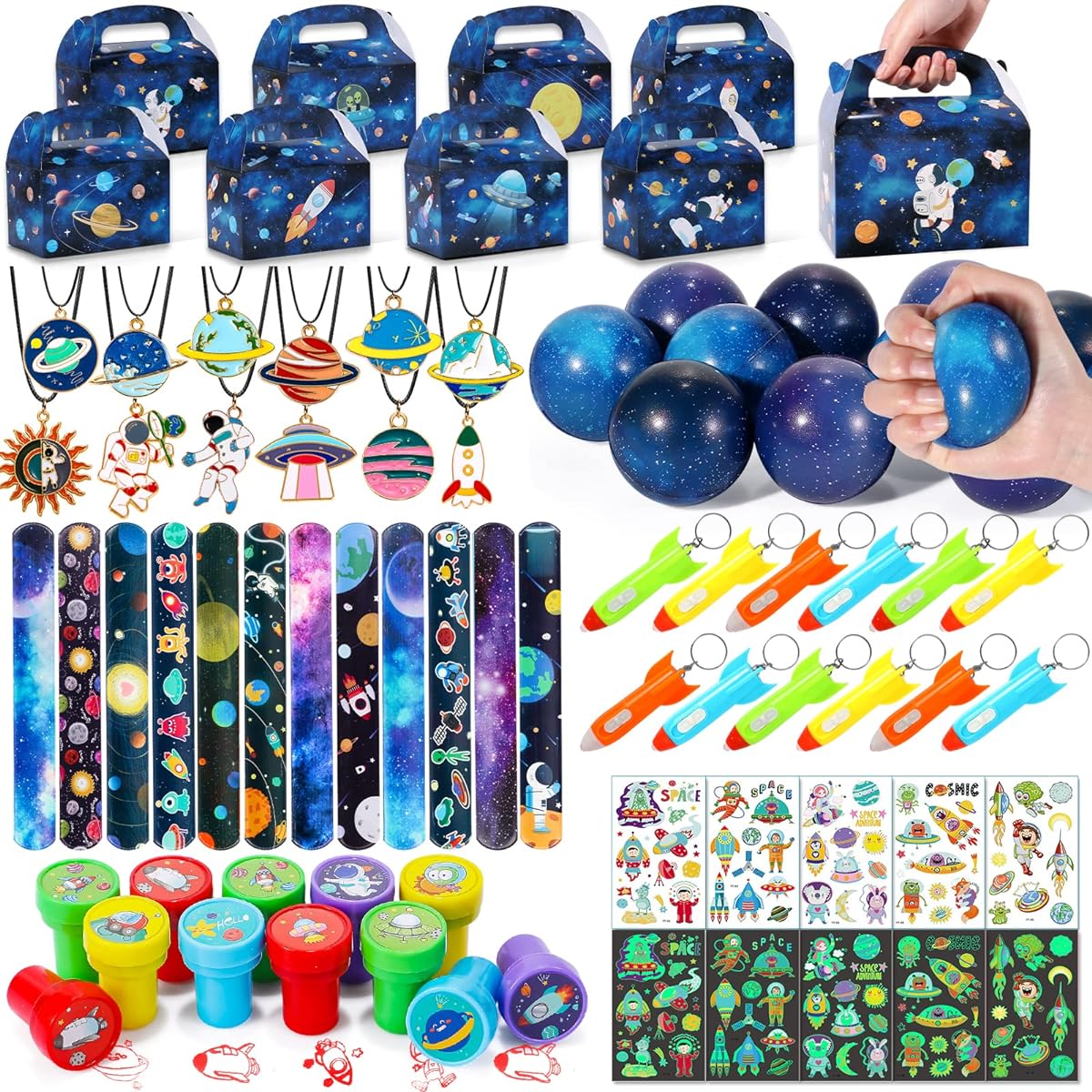 Golray 84pcs Space Party Favor Box Stress Balls Glow in the Dark Tattoo Stamps Necklace Keychain Slap Bracelets Toys for Boys Kids Galaxy Birthday Party Supplies Pinata Stuffers Gifts Goodie Bag Stuffers