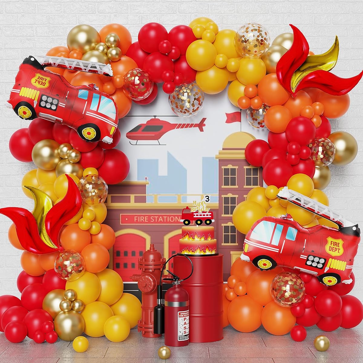 Enanal Fire Balloon Garland Arch Kit 144pcs Red Yellow Chrome Gold Balloons Fire Truck Firefighter Party Supplies Kids Birthday Fireman Rescue Theme Party Decorations (Fire)