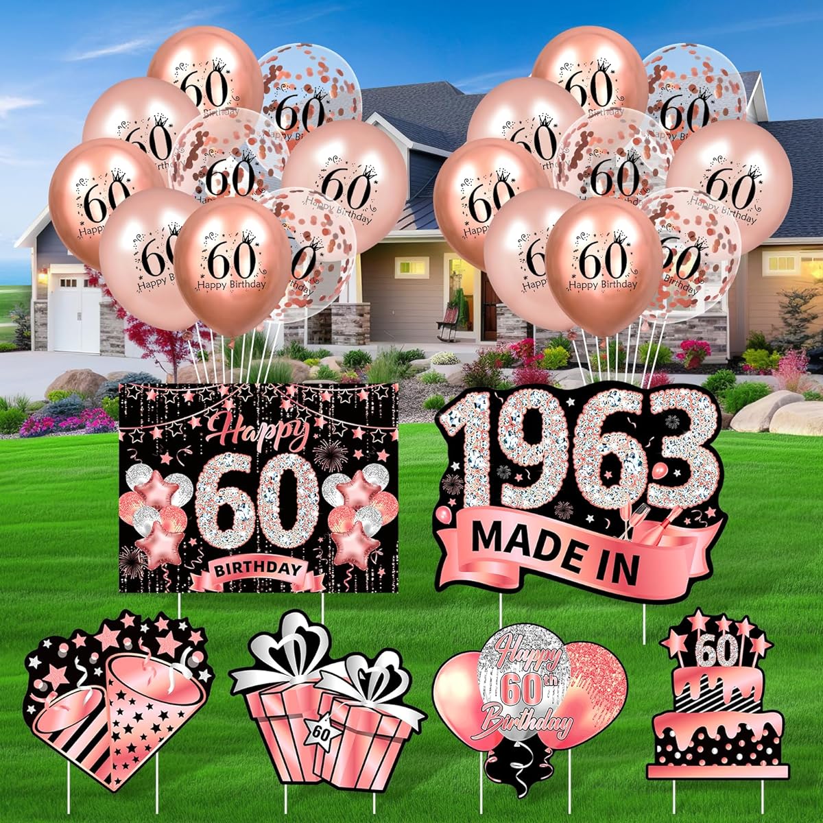 Rose Gold 60th Birthday Decorations for Women 60th Birthday Yard Sign 1963 Lawn Sign & 18 Pieces Rose Gold 60th Birthday Balloons 60th Party Anniversary Outdoor Decor Supplies
