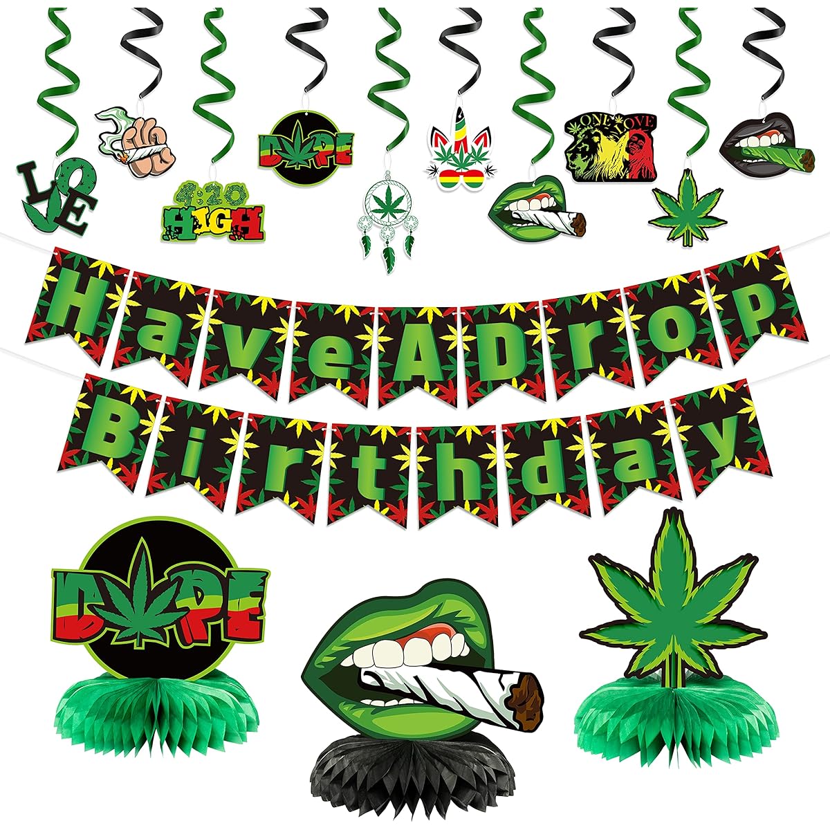 Weed Birthday Party Decoration Set All in One Pack Party Supplies Weed Birthday Banner Swirl Honeycomb Centerpiece Decoration Perfect Birthday Gift