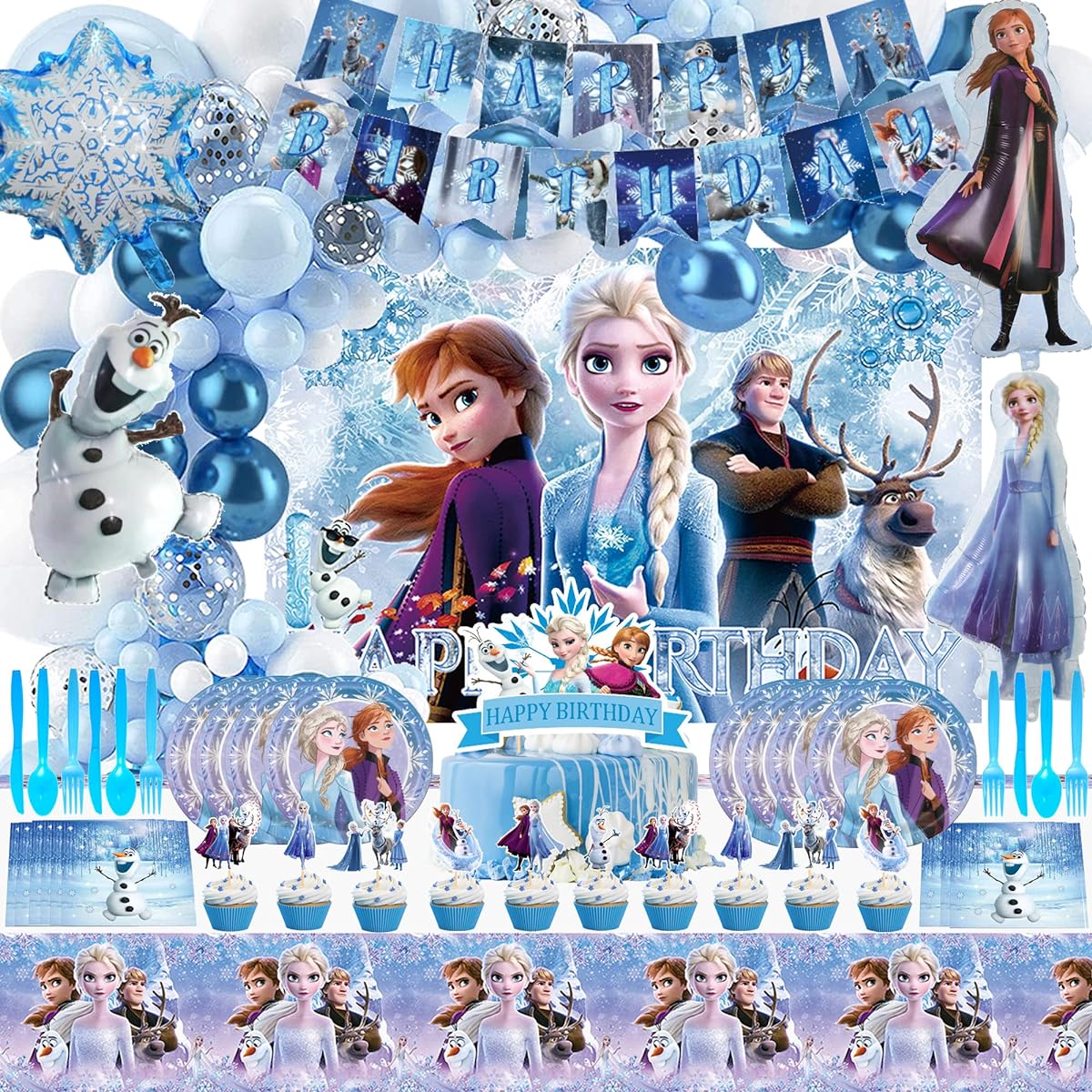 128 Piece Winter Party Supplies Set Pennants, Balloon Garlands, Cake Toppers, Plastic Swirls, Tableware, Paper Cups, Table Cloths, Backdrops for Girls and Boys Theme Party