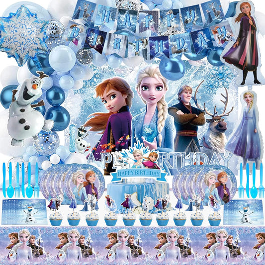 128 Piece Winter Party Supplies Set Pennants, Balloon Garlands, Cake Toppers, Plastic Swirls, Tableware, Paper Cups, Table Cloths, Backdrops for Girls and Boys Theme Party