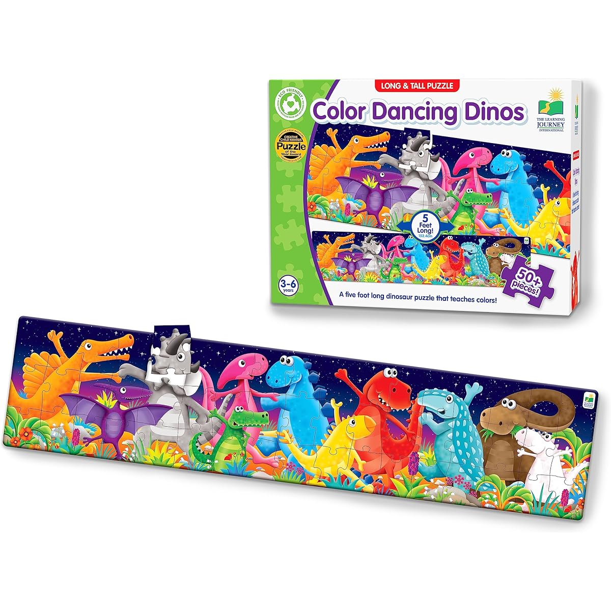 The Learning Journey Long & Tall Puzzle - Color Dancing Dinosaurs - 5' Long Color Educational Puzzle
