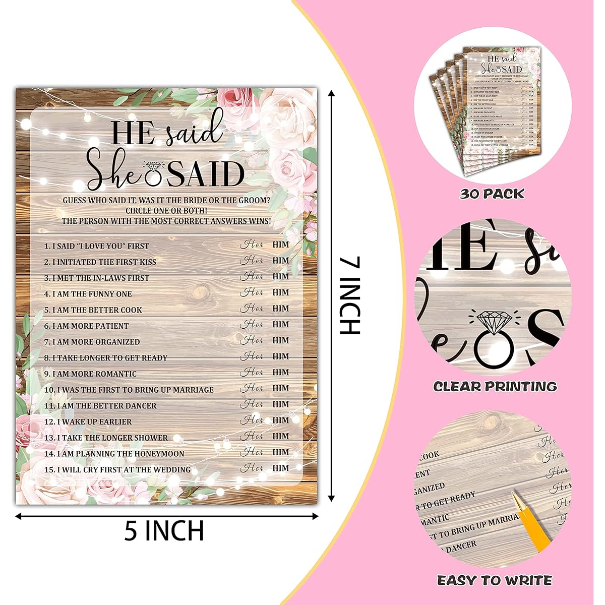 Bridal Shower Game Set - He Said She Said Party Card for Wedding - Rustic Wooden Floral Wedding Party Favors Decorations - Engagement/Bachelorette Party Game Supplies & Activities - 30 Game Cards (A01)