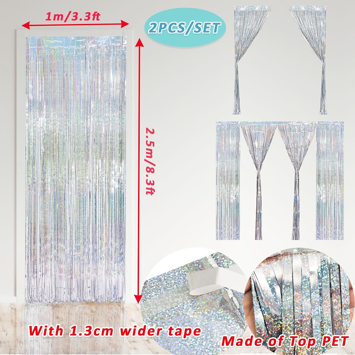 MALANKU Silver Tinsel Curtain Backdrop Party Decoration 3.3 x 8.5ft Foil Fringe Curtain Streamer Backdrop Birthday Christmas Graduation Bachelorette Frozen Disco Prom Party Decoration Set of 2
