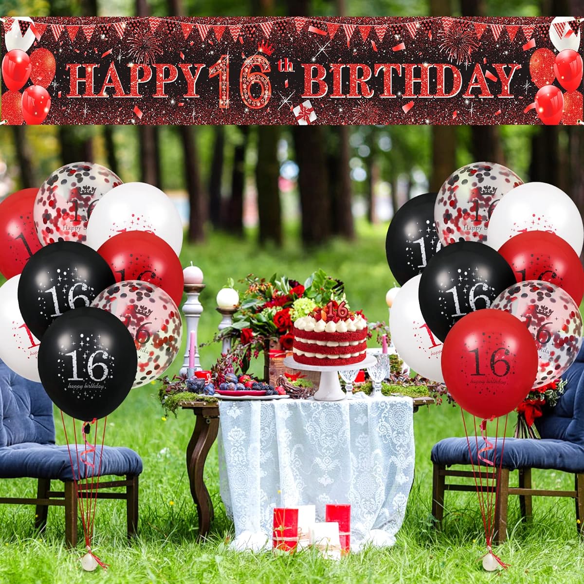 Red 16th Birthday Decorations for Boys Girls, Red Black Glitter 16th Birthday Banner Yard Sign, 16 Red Black 16th Birthday Latex Balloons, 16th Birthday Anniversary Party Supplies (Red 16)