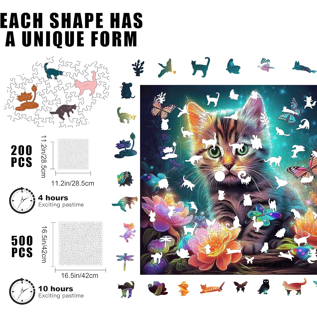 Mys Aurora Unique Wooden Jigsaw Puzzle Kittens in Dreams 500 Piece King Size 16.5" x 16.5" Luxury Shaped Wooden Puzzle Beautifully Packaged Great Gift for Adults