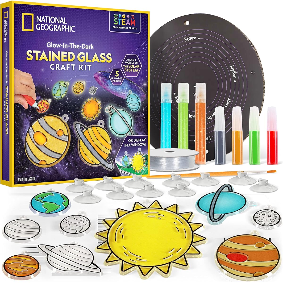 NATIONAL GEOGRAPHIC Window Art Kit for Kids - Stained Glass Solar System Art & Craft Kit Glow in the Dark Planets, Use as Sun Catcher in Windows, Hanging Decoration for Ceiling, Mobile, Space Room Decor