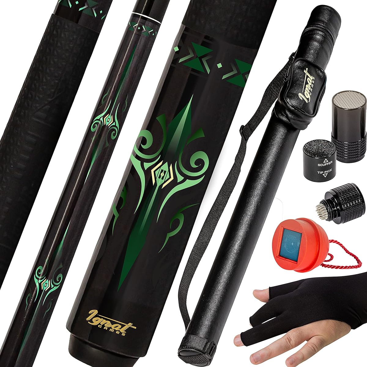 IgnatGames 2 Billiard Cue Sticks - 18/19/20/21 oz. 58" Canadian Maple Professional Billiard Cue Sticks, 3 in 1 Billiard Stick Tip Tool, Hard Leather Case with Strap, 3 Finger Lycra Gloves + Chalk Holder