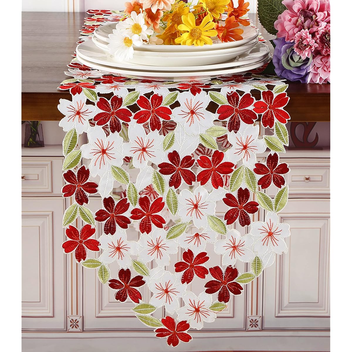 GRANDDECO Floral Embroidery Table Runner/Placemat Embroidery Cutwork Floral Dresser Scarf Table Topper Home Kitchen Dining Table Top Decor Runner 13" x 68" Red