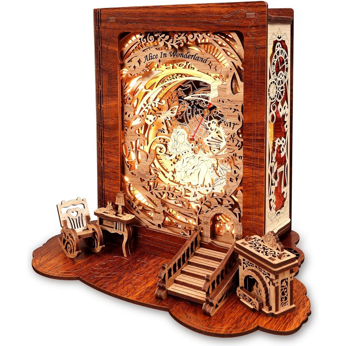 FUNPOLA Alice in Wonderland Time and Space Journey 3D Puzzle 3D Puzzle Night Light Storybook DIY LED Dimmable Wooden Puzzle Handmade Home Decor Lamp Educational Toy Fairy Tale for Kids and Adults with Clock Japanese Instructions Gift 71PCS