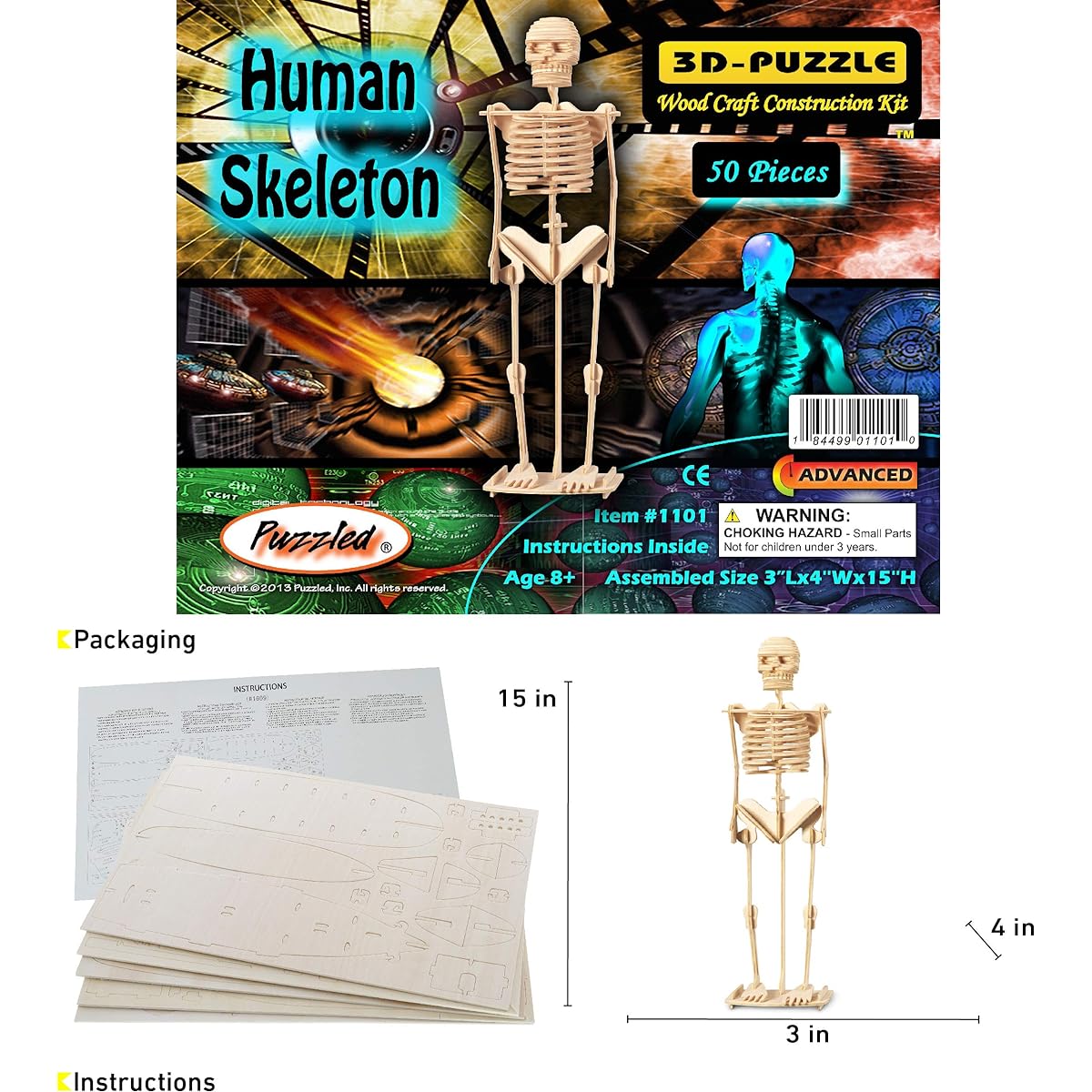 Puzzled 3D Puzzle Human Skeleton Wood Craft Building Model Kit Fun and Educational DIY Wooden Toys Assembled Model Unfinished Craft Hobby Puzzle Decoration 50 Pieces Pack