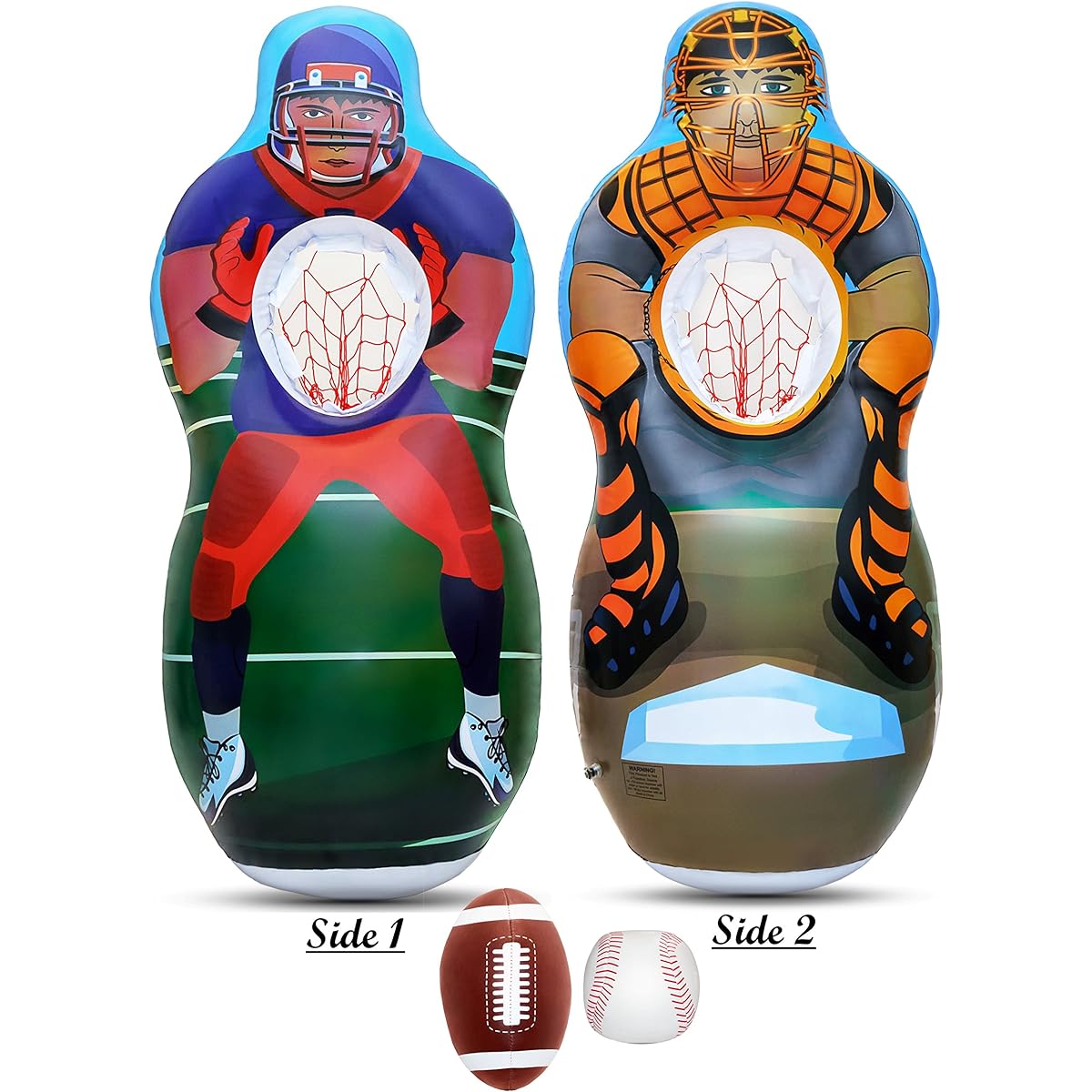 Inflatable Two Sided Football & Baseball Target Set - Includes One Inflatable 1.5m Tall Target (Football Player on one side and Baseball Catcher on 2nd Side), a Soft Mini Football and Mini Baseball