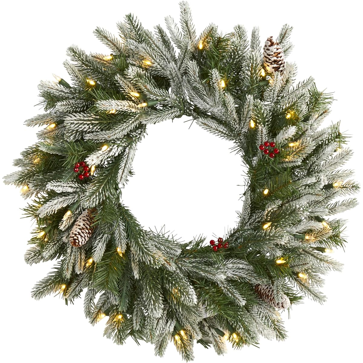 Nearly Natural 24" Snowy Artificial Christmas Wreath with 50 Warm White LED Lights and Pine Cones