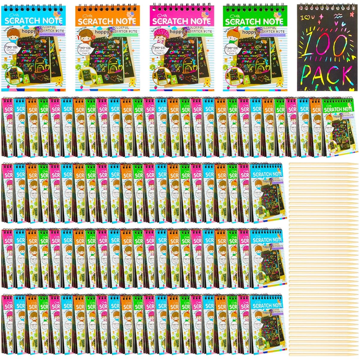 Fulmoon Scratch Note Pads for Kids, Rainbow Scratch Paper Art Notes, Rainbow Party Favors with Wooden Stylus Pen, Coloring Book for Kids Boys Girls Party Supplies Goodie Bag Fillers 100 Sheets