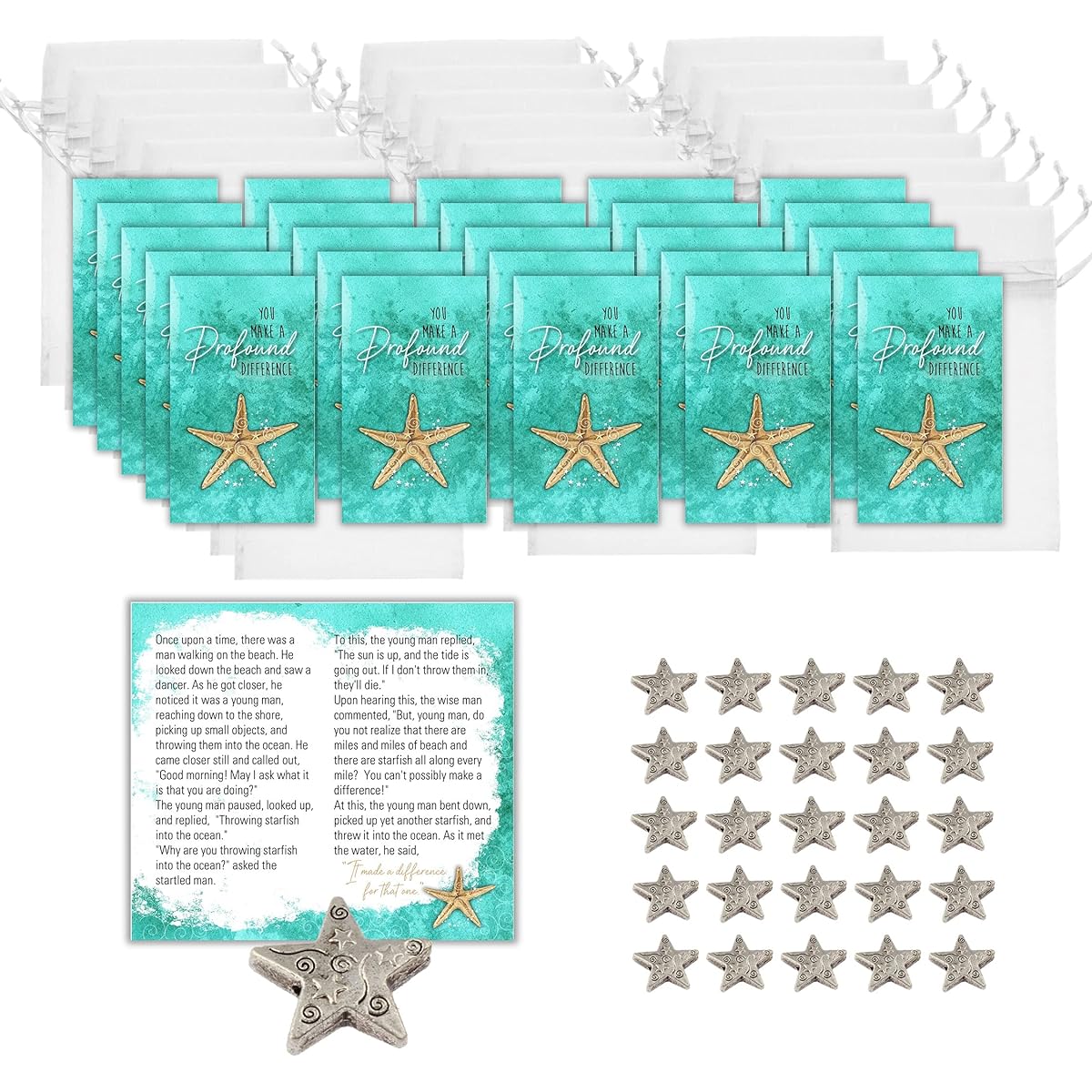 Smiling Wisdom - 25 Bulk Gifts - Starfish Tale Mini Keepsake Cards Bags Artistic Beading - Employee Appreciation Wedding Gifts (75 Pieces) - Seafoam