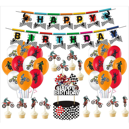 ANYMONYPF Motocross Bunting Banner Dirt Bike Birthday Party Supplies Banner Cake Topper Latex Balloons for Dirt Bike Themed Birthday Party