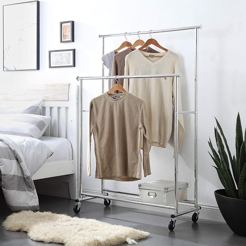 Sunny Point Hanger Rack Silver Sturdy Steel Clothes Storage with Casters (Silver, Double.)