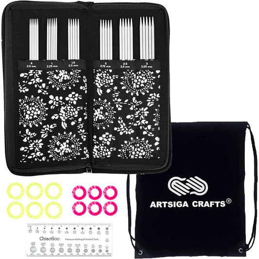 ChiaoGoo Twisted Red Lace 6" 6600 DPN Double Point Sock Knitting Needle Set Size US 0 1 1.5 2 2.5 3 Stainless Steel Stitch Marker Needle Gauge Bundle with 1 Artsiga Crafts Project Bag