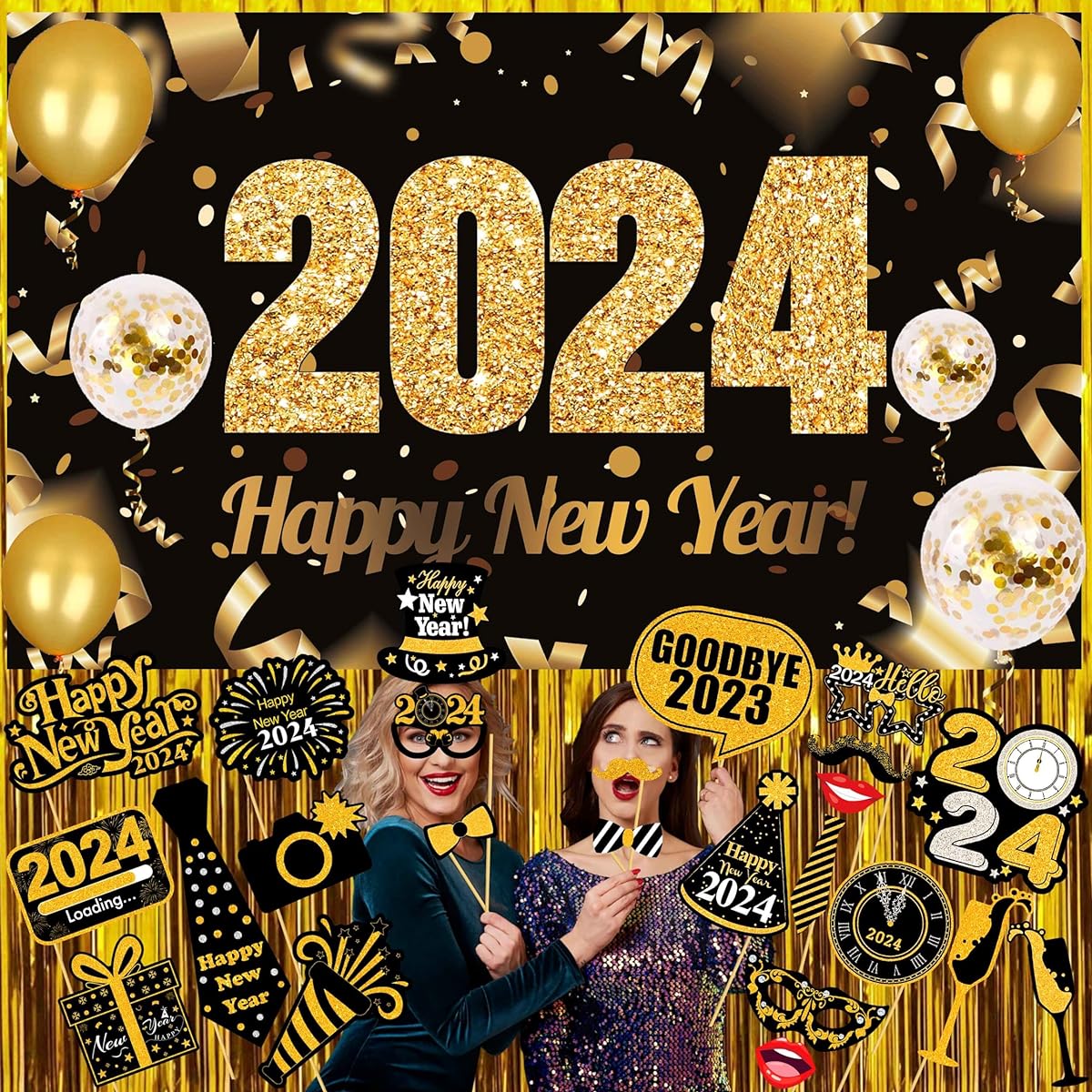 Happy New Year Decorations 2023 Black & Gold Happy New Years Backdrop New Year Photo Booth Props Latex Balloons Gold Fringe Curtains New Year's Eve Party Supplies 2023