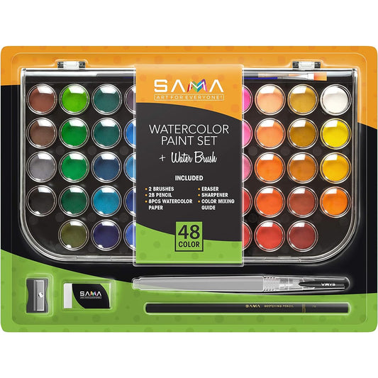 Watercolor Paint Set - Coloring Kit - 48 Easy-Blend Washable Colors + Brushes + Refillable Brush Pens + Watercolor Paper + Pencils + Removable Mixing Tray + Gift for Kids, Students, Adults