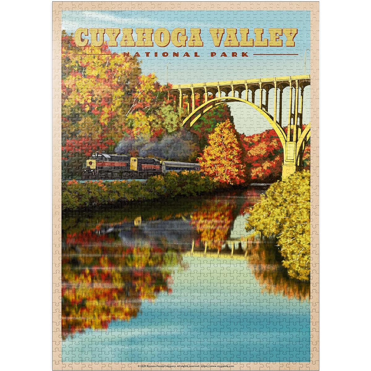 Cuyahoga Valley - Autumn Train Travel Vintage Travel Poster - Premium 1000 Piece Jigsaw Puzzle for Adults