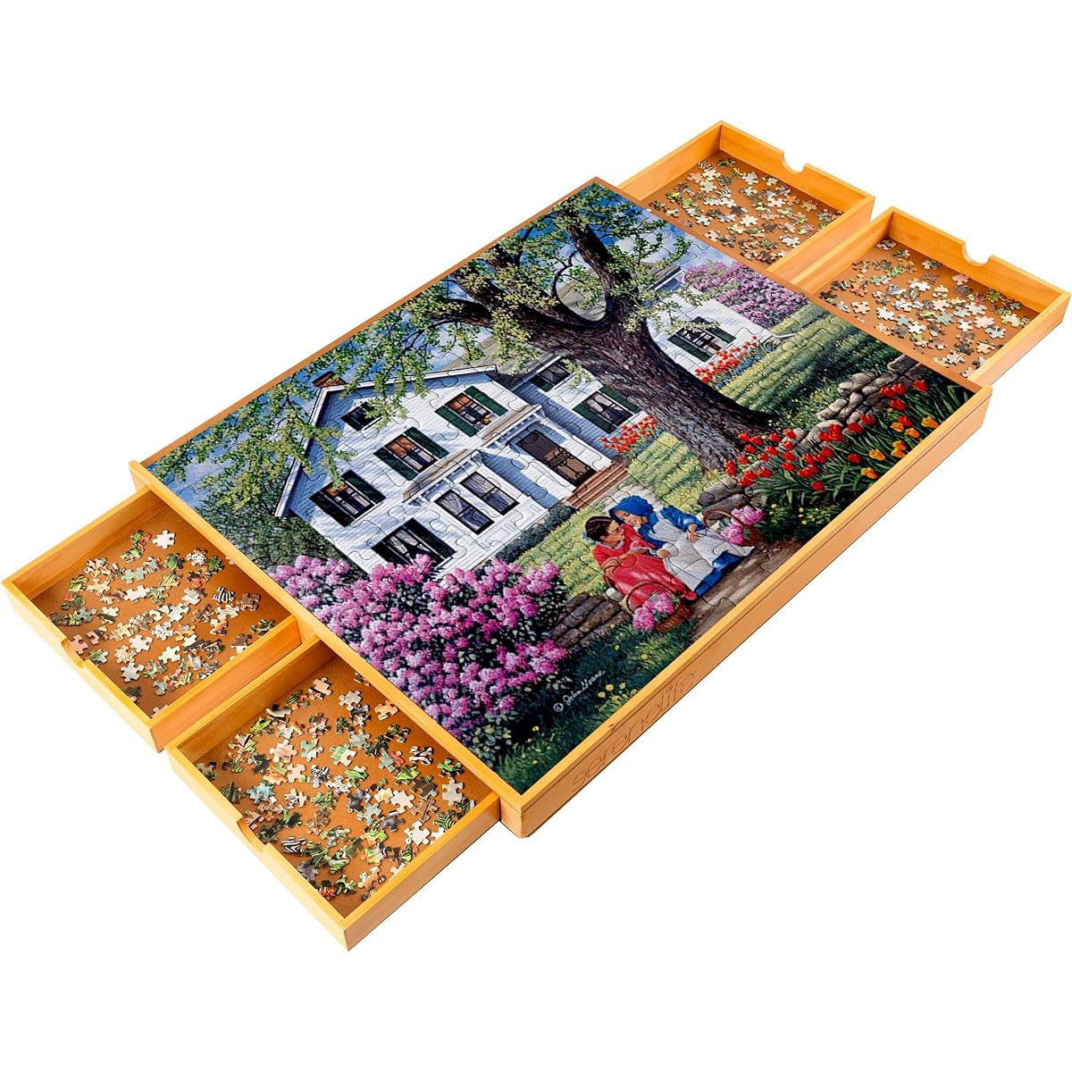 SereneLife Wooden Jigsaw Puzzle Board with 4 Removable Sliding Storage Drawers, Smooth Plateau Fiberboard Work Surface, Reinforced Hardwood for Games/Puzzles, For Kids and Adults